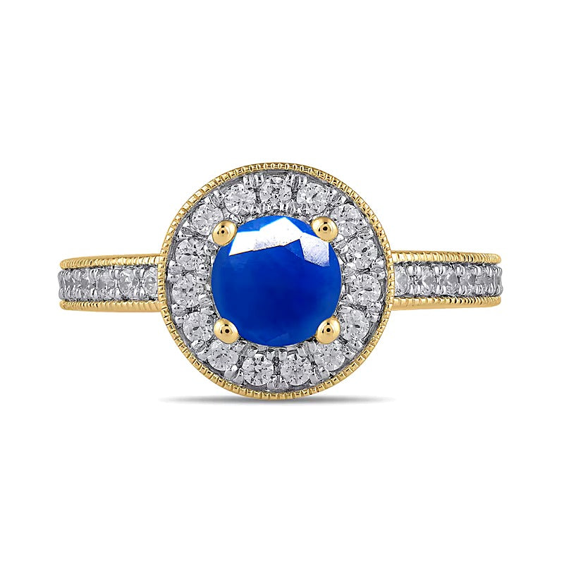 6.0mm Blue Sapphire and 0.38 CT. TW Lab-Grown Diamond Frame Vintage-Style Ring in 14K Gold