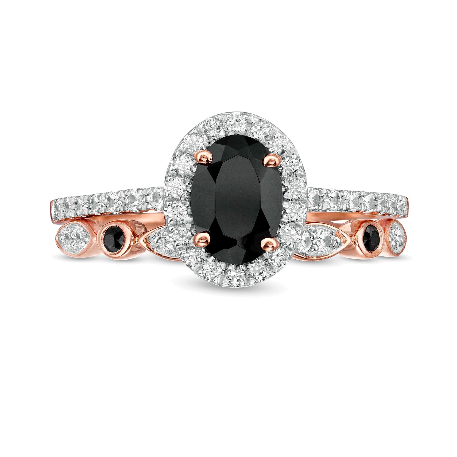 Oval Black Spinel and Lab-Created White Sapphire Frame Art Deco Bridal Set in 10K Rose Gold