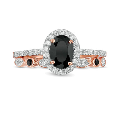 Oval Black Spinel and Lab-Created White Sapphire Frame Art Deco Bridal Set in 10K Rose Gold