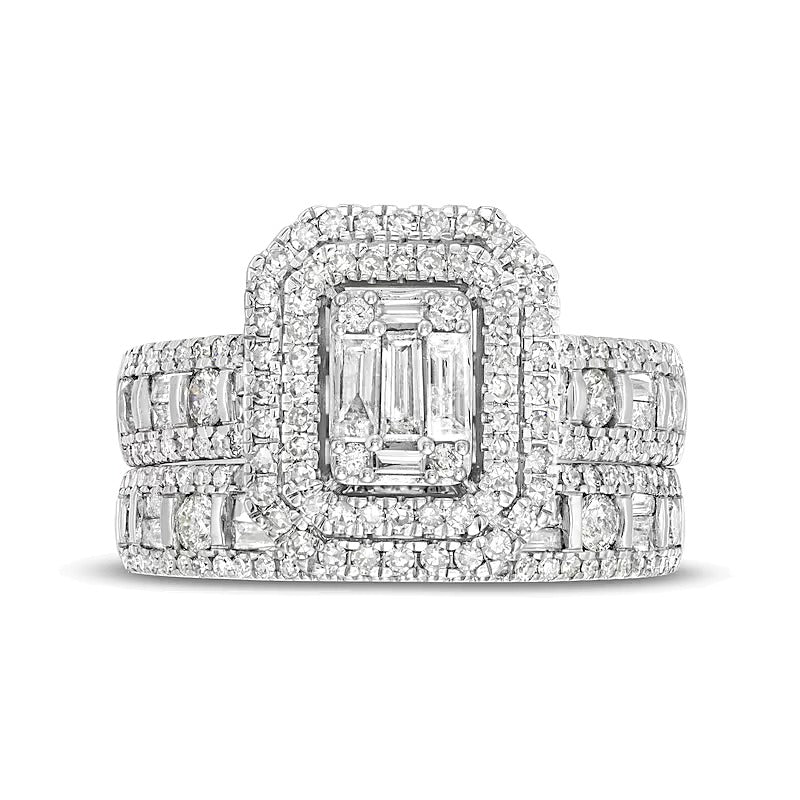 1.5 CT. TW Emerald-Shaped Baguette and Round Multi-Diamond Double Frame Bridal Set in 14K White Gold