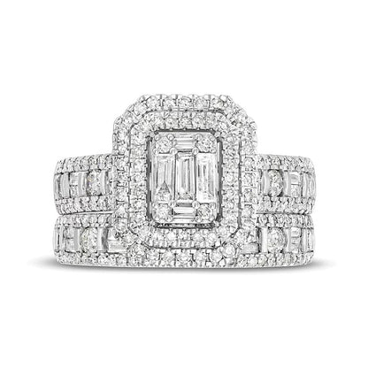 1.5 CT. TW Emerald-Shaped Baguette and Round Multi-Diamond Double Frame Bridal Set in 14K White Gold