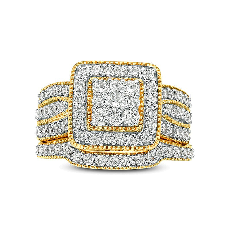 1.25 CT. TW Multi-Diamond Square Frame Vintage-Style Multi-Row Bridal Set in 10K Gold