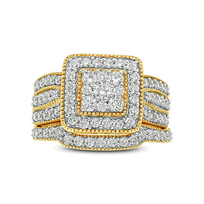 1.25 CT. TW Multi-Diamond Square Frame Vintage-Style Multi-Row Bridal Set in 10K Gold