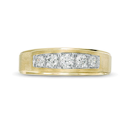 0.5 CT. TW Diamond Five Stone Beveled-Edge Satin Wedding Band in 10K Gold