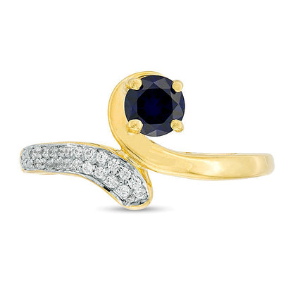 5.0mm Lab-Created Blue Sapphire and 0.1 CT. TW Diamond Bypass Ring in Sterling Silver with 14K Gold Plate