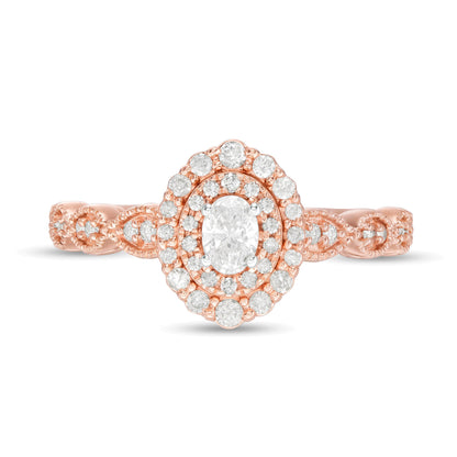 0.38 CT. TW Oval Diamond Double Frame Art Deco Vintage-Style Engagement Ring in 10K Rose Gold