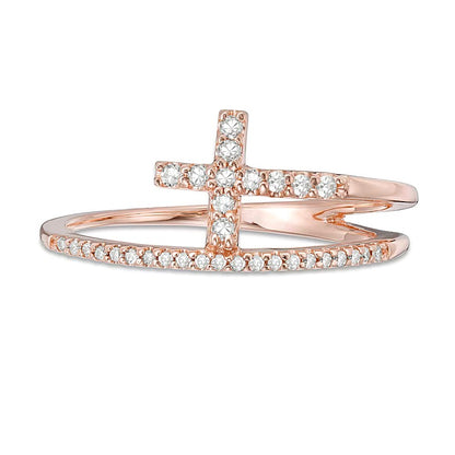 0.17 CT. TW Diamond Cross Split Shank Stacked Ring in 10K Rose Gold