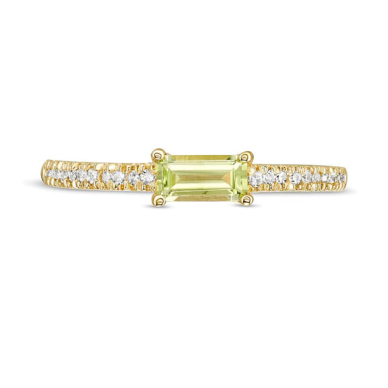 Sideways Baguette Peridot and 0.1 CT. TW Diamond Stackable Ring in 10K Gold