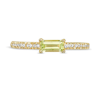 Sideways Baguette Peridot and 0.1 CT. TW Diamond Stackable Ring in 10K Gold