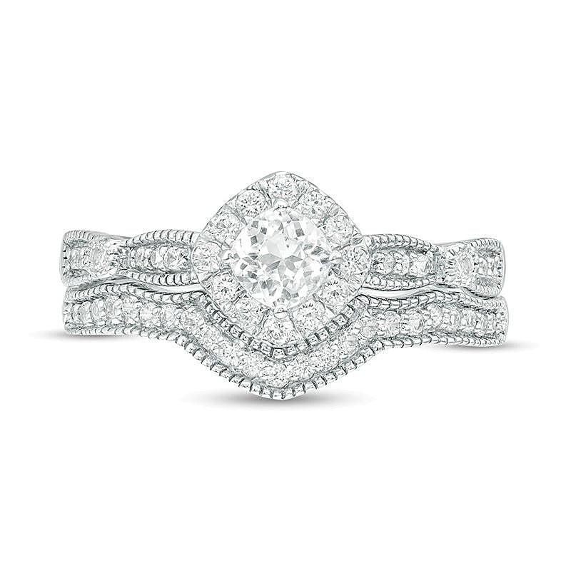 4.0mm Cushion-Cut Lab-Created White Sapphire Frame Vintage-Style Bridal Set in 10K White Gold