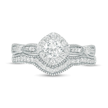 4.0mm Cushion-Cut Lab-Created White Sapphire Frame Vintage-Style Bridal Set in 10K White Gold