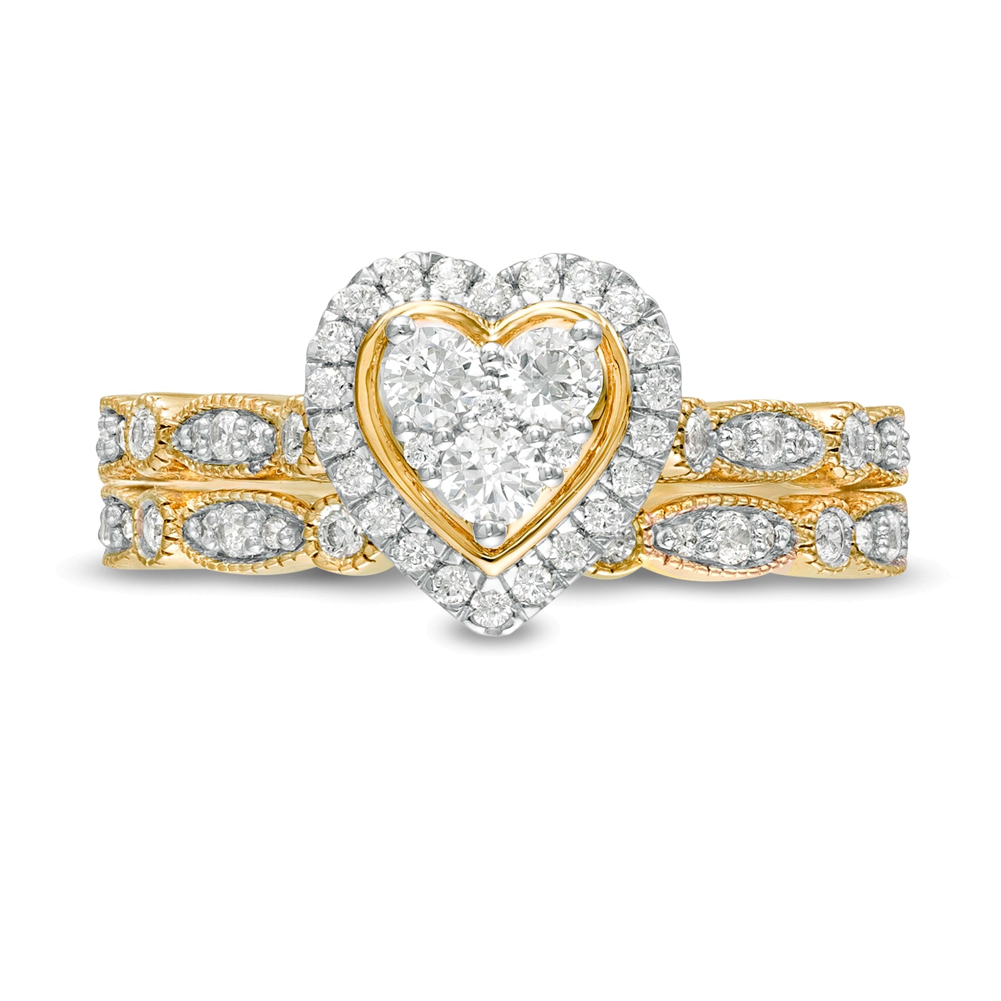 0.5 CT. TW Multi-Diamond Heart Frame Alternating Marquise Vintage-Style Bridal Set in 10K Gold