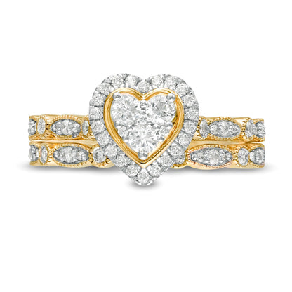 0.5 CT. TW Multi-Diamond Heart Frame Alternating Marquise Vintage-Style Bridal Set in 10K Gold