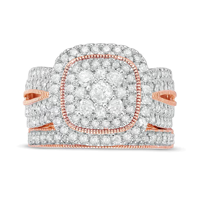 1.33 CT. TW Multi-Diamond Cushion Frame Vintage-Style Bridal Set in 10K Rose Gold