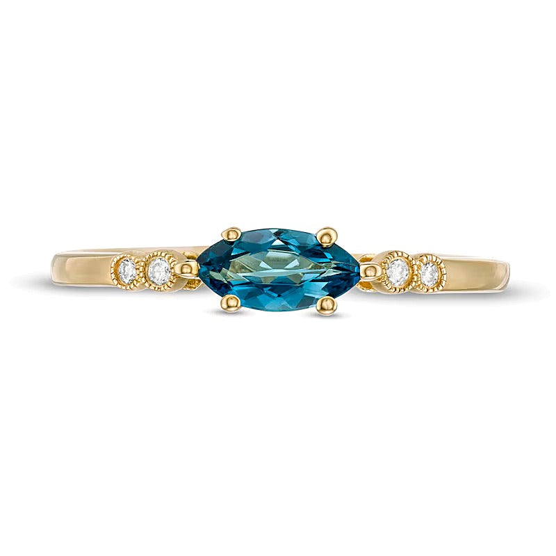 Sideways Marquise London Blue Topaz and and Diamond Accent Bezel-Set Art Deco Ring in 14K Gold