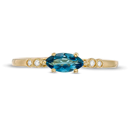Sideways Marquise London Blue Topaz and and Diamond Accent Bezel-Set Art Deco Ring in 14K Gold