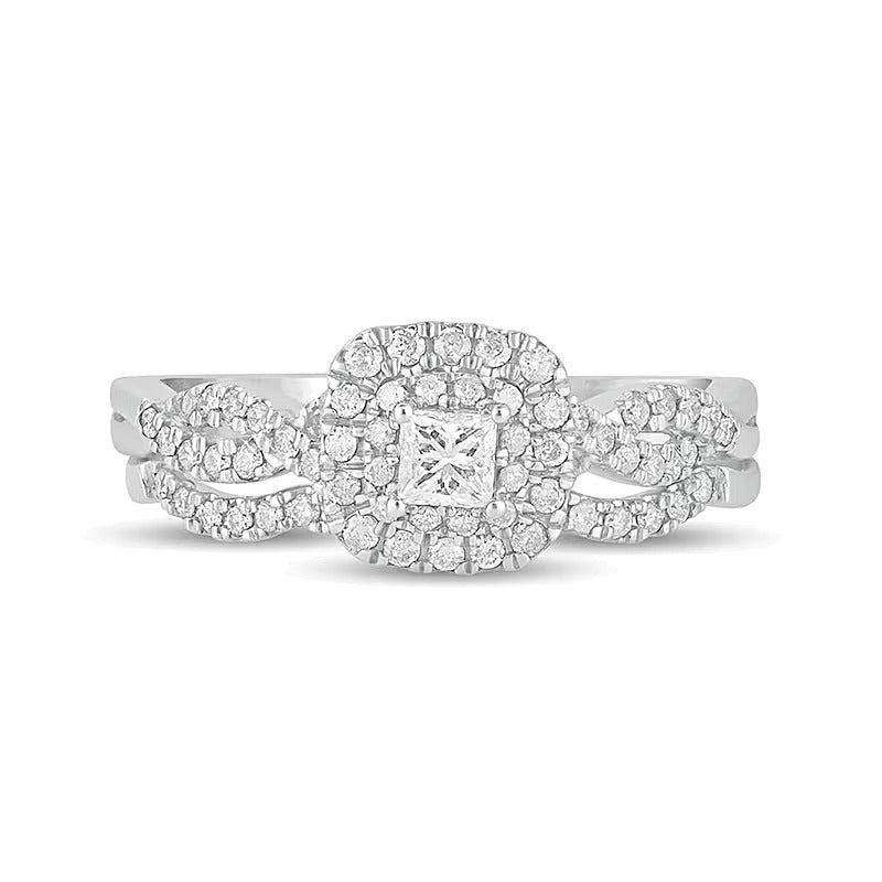 0.5 CT. TW Princess-Cut Diamond Double Cushion-Shaped Frame Multi-Row Bridal Set in 10K White Gold