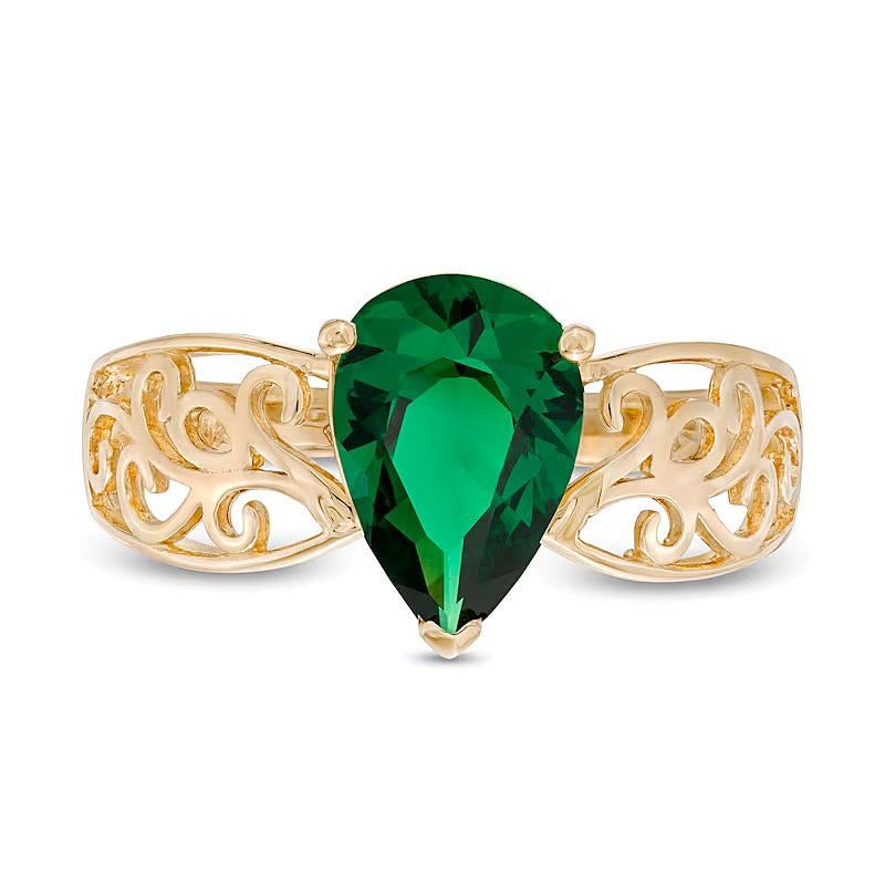 Pear-Shaped Lab-Created Emerald Wide Filigree Ring in 10K Gold