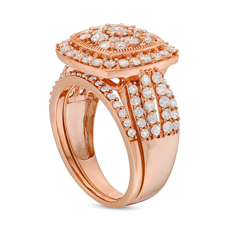 2.0 CT. TW Cushion Multi-Diamond Frame Split Shank Vintage-Style Bridal Set in 10K Rose Gold