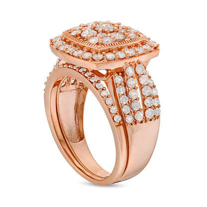 2.0 CT. TW Cushion Multi-Diamond Frame Split Shank Vintage-Style Bridal Set in 10K Rose Gold