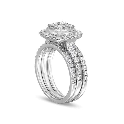 1.5 CT. TW Cushion Multi-Diamond Frame Three Piece Bridal Set in 10K White Gold