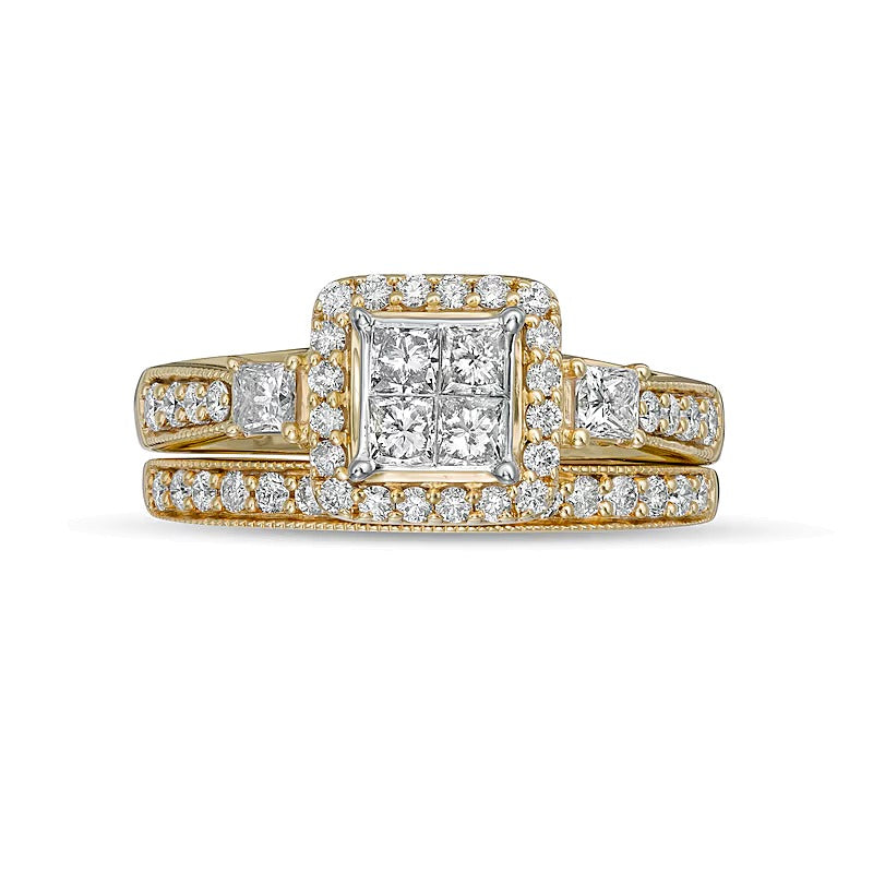 1.0 CT. TW Princess-Cut Quad Diamond Cushion-Shaped Frame Vintage-Style Bridal Set in 10K Gold