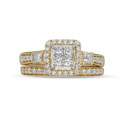 1.0 CT. TW Princess-Cut Quad Diamond Cushion-Shaped Frame Vintage-Style Bridal Set in 10K Gold