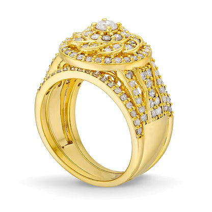 1.5 CT. TW Diamond Frame Celtic-Style Flower Bridal Set in 10K Gold