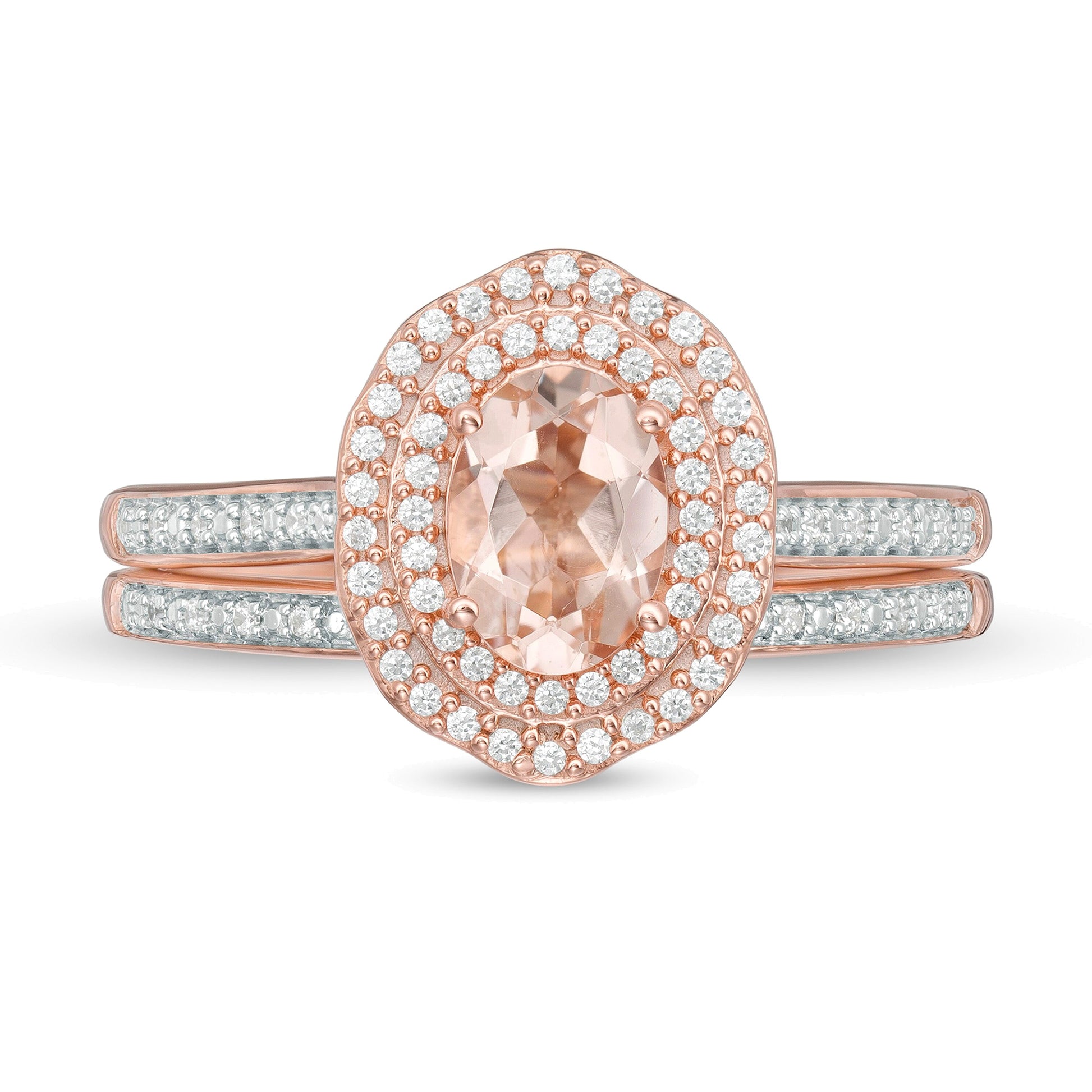 Oval Morganite and 0.25 CT. TW diamond Double Frame Floral Bridal Set in 10K Rose Gold
