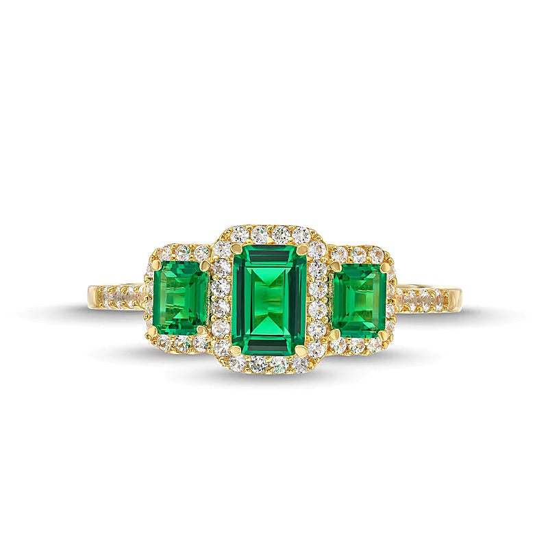 Emerald-Cut Lab-Created Emerald and 0.25 CT. TW Diamond Frame Three Stone Ring in 10K Gold