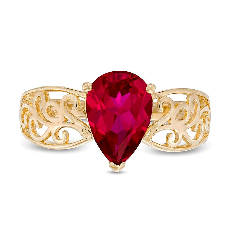 Pear-Shaped Lab-Created Ruby Wide Filigree Ring in 10K Gold