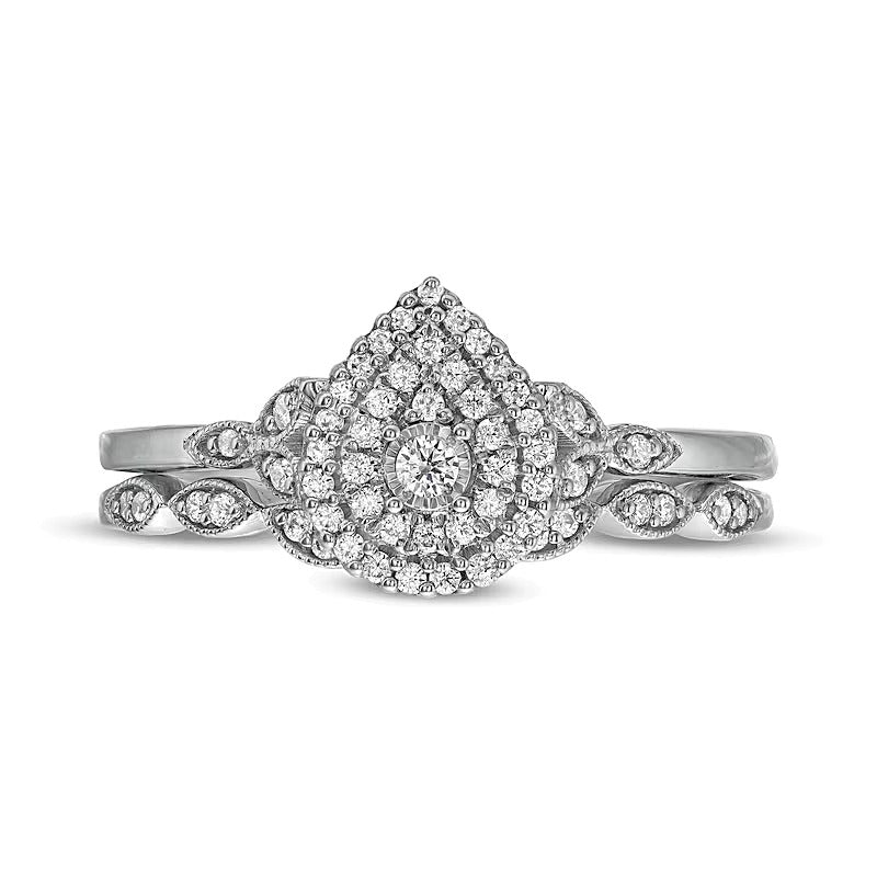 0.25 CT. TW Pear-Shaped Multi-Diamond Vintage Style Bridal Set in 10K White Gold