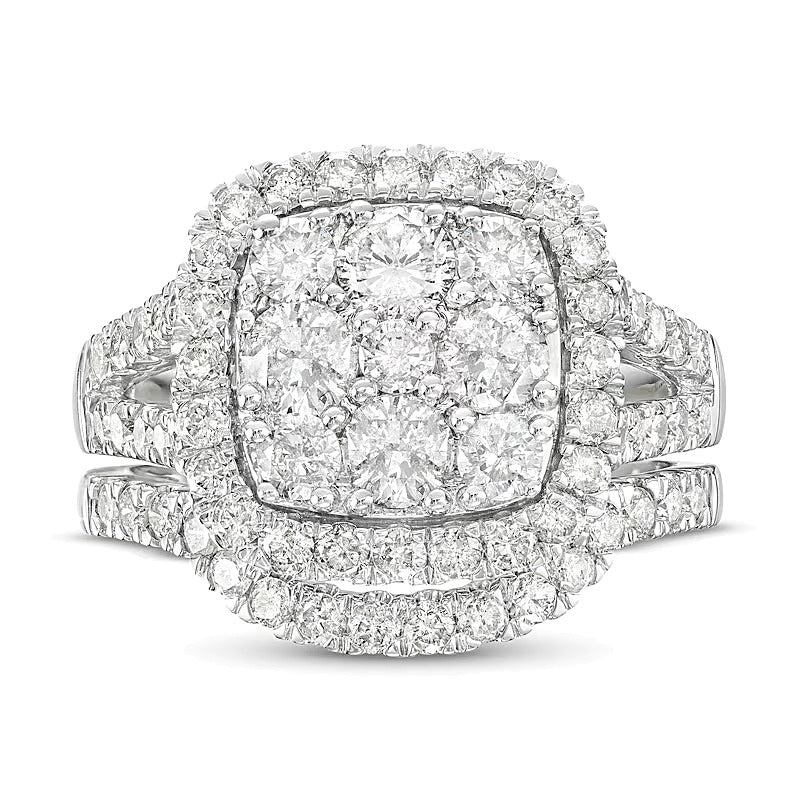 2.25 CT. TW Cushion-Shaped Multi-Diamond Frame Split Shank Bridal Set in 14K White Gold