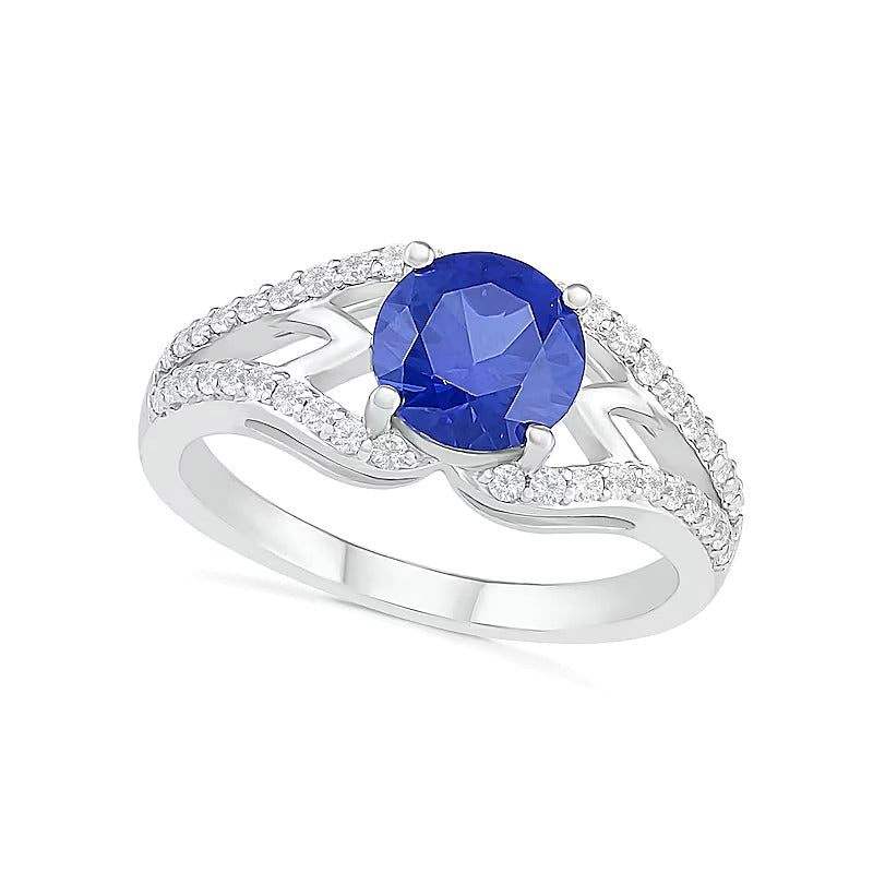 7.0mm Lab-Created Blue and White Sapphire Geometric Pointed Split Shank Bridal Set in Sterling Silver