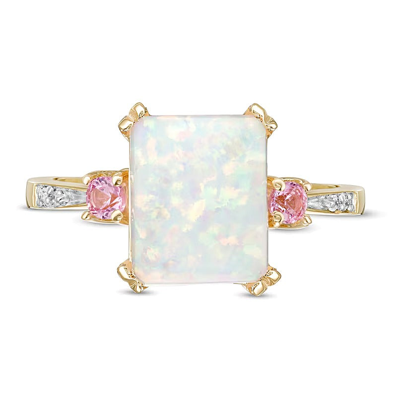 Emerald-Cut Lab-Created Opal and Pink Sapphire with Diamond Accent Three Stone Ring in 10K Gold