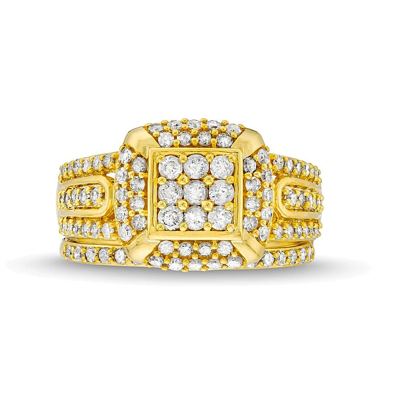1.0 CT. TW Princess Multi-Diamond Cushion Frame Bridal Set in 10K Gold