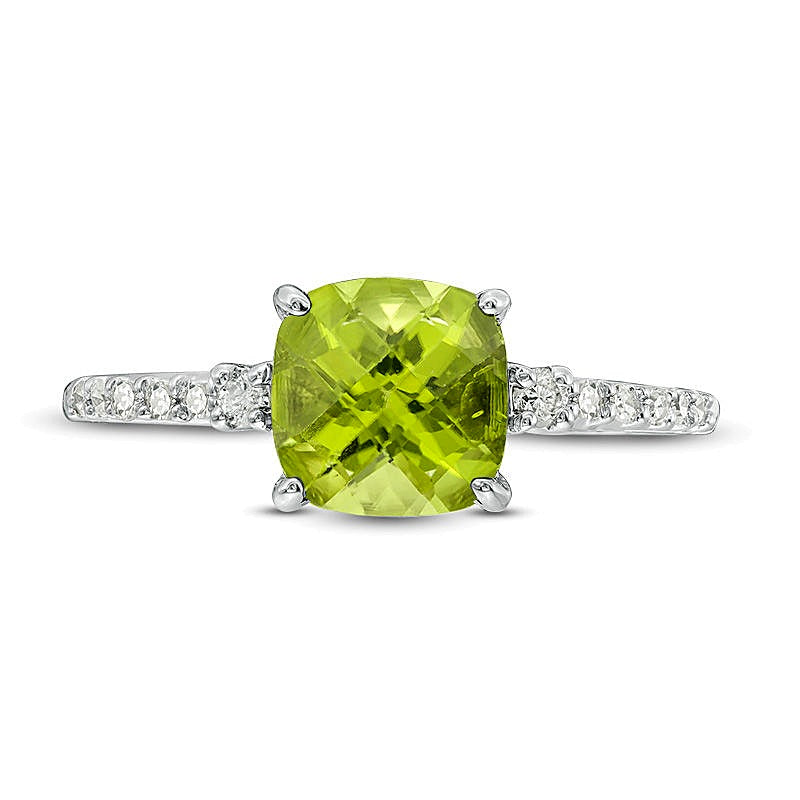 7.0mm Cushion-Shaped Peridot and 0.13 CT. TW Diamond Engagement Ring in 10K White Gold