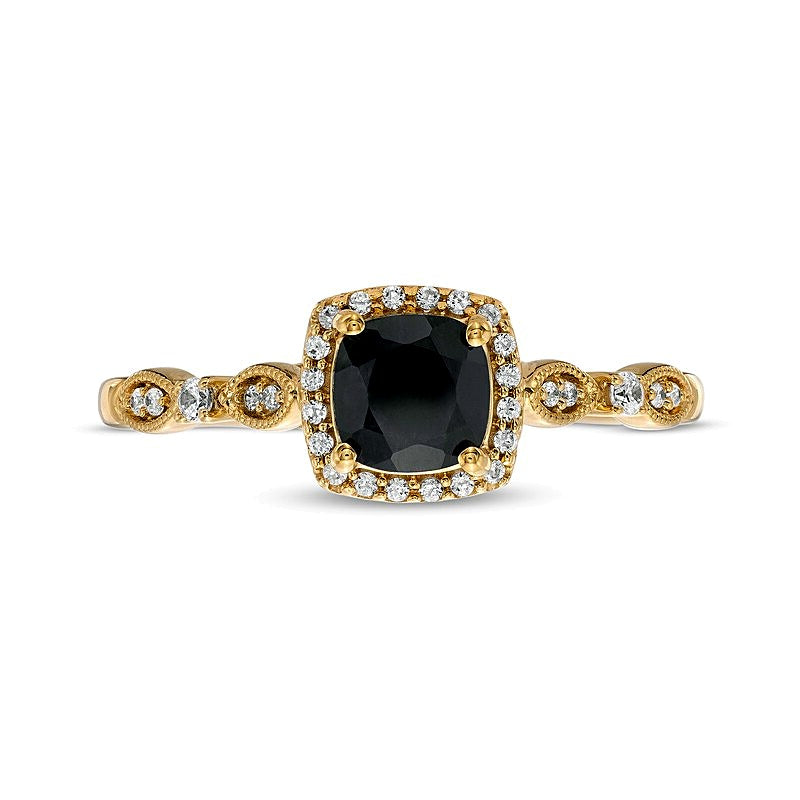 5.0mm Cushion-Cut Black Sapphire and 0.1 CT. TW Diamond Frame Art Deco Vintage-Style Engagement Ring in 10K Gold