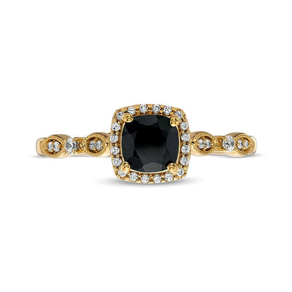 5.0mm Cushion-Cut Black Sapphire and 0.1 CT. TW Diamond Frame Art Deco Vintage-Style Engagement Ring in 10K Gold