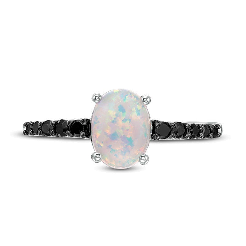 Oval Lab-Created Opal and 0.2 CT. TW Black Diamond Ring in Sterling Silver