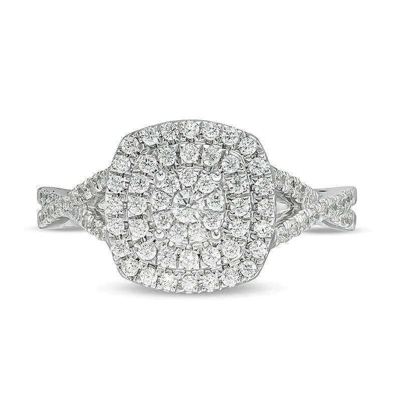 0.5 CT. TW Diamond Triple Cushion Frame Crossover Shank Engagement Ring in 10K White Gold
