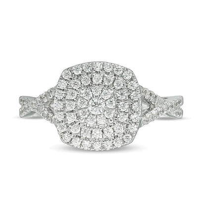 0.5 CT. TW Diamond Triple Cushion Frame Crossover Shank Engagement Ring in 10K White Gold