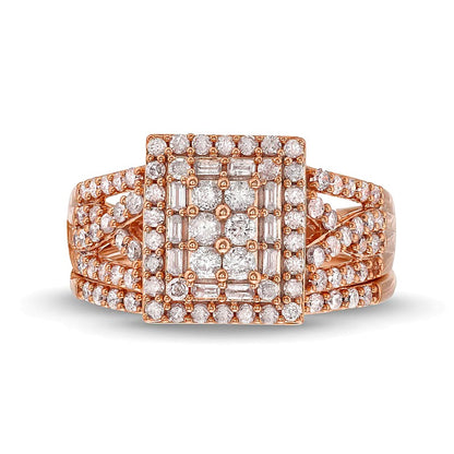 1.0 CT. TW Rectangle Multi-Diamond Twist Split Shank Bridal Set in 10K Rose Gold