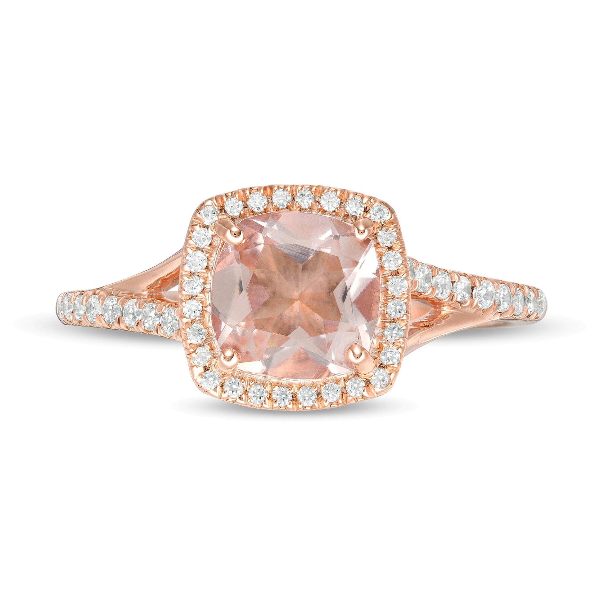 7.0mm Cushion-Cut Morganite and 0.25 CT. TW Diamond Frame Split Shank Ring in 10K Rose Gold