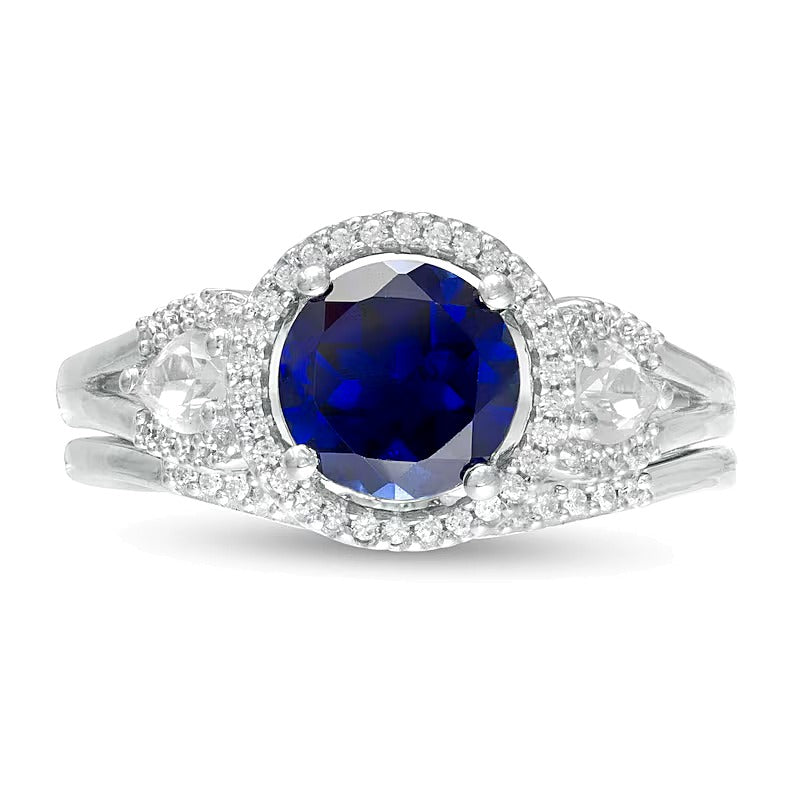 7.0mm Lab-Created Blue and White Sapphire and 0.25 CT. TW Diamond Frame Three Stone Bridal Set in Sterling Silver