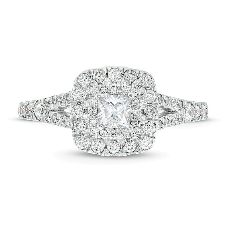 1.0 CT. TW Princess-Cut Diamond Double Cushion-Shaped Frame Split Shank Engagement Ring in 14K White Gold