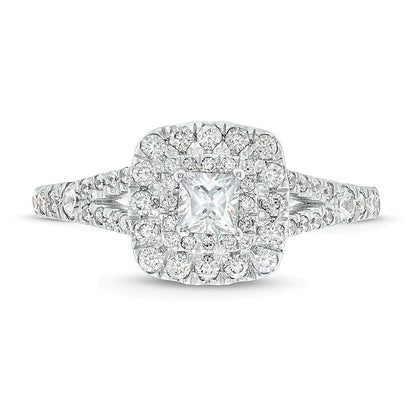 1.0 CT. TW Princess-Cut Diamond Double Cushion-Shaped Frame Split Shank Engagement Ring in 14K White Gold