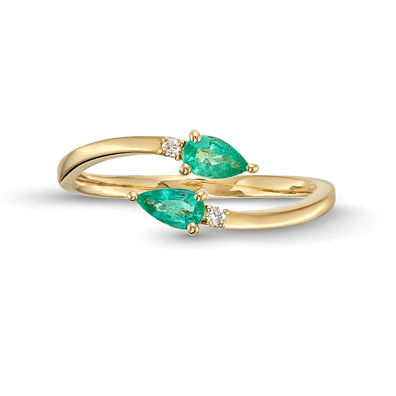 Pear-Shaped Emerald and Diamond Accent Bypass Open Wrap Ring in 10K Gold
