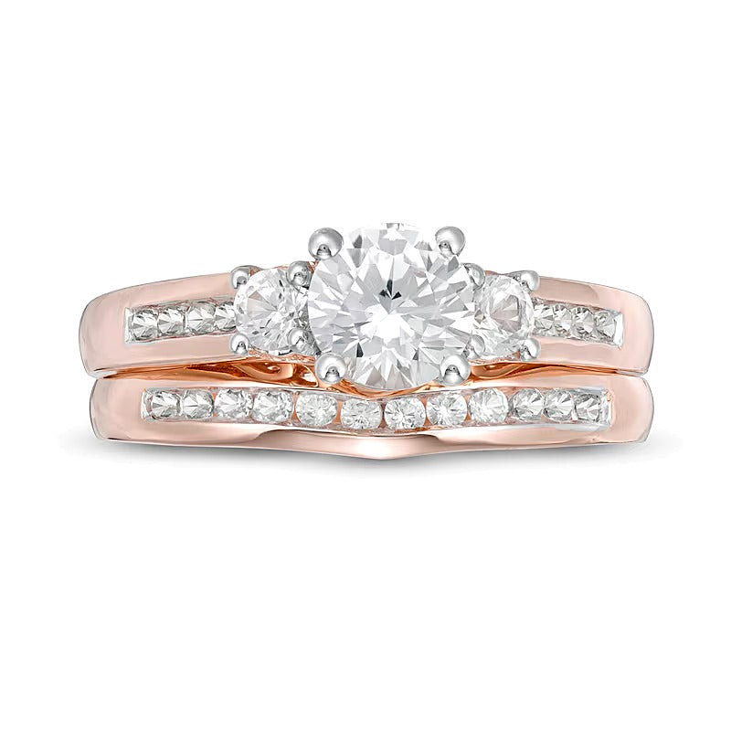 5.4mm Lab-Created White Sapphire Three Stone Bridal Set in 10K Rose Gold