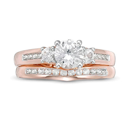 5.4mm Lab-Created White Sapphire Three Stone Bridal Set in 10K Rose Gold